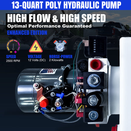KTI 12vdc Single/Double Hydraulic Power Unit close-up, featuring machine components including a screw, gauge, and warning triangle, highlighting its dual-function hydraulic capabilities.