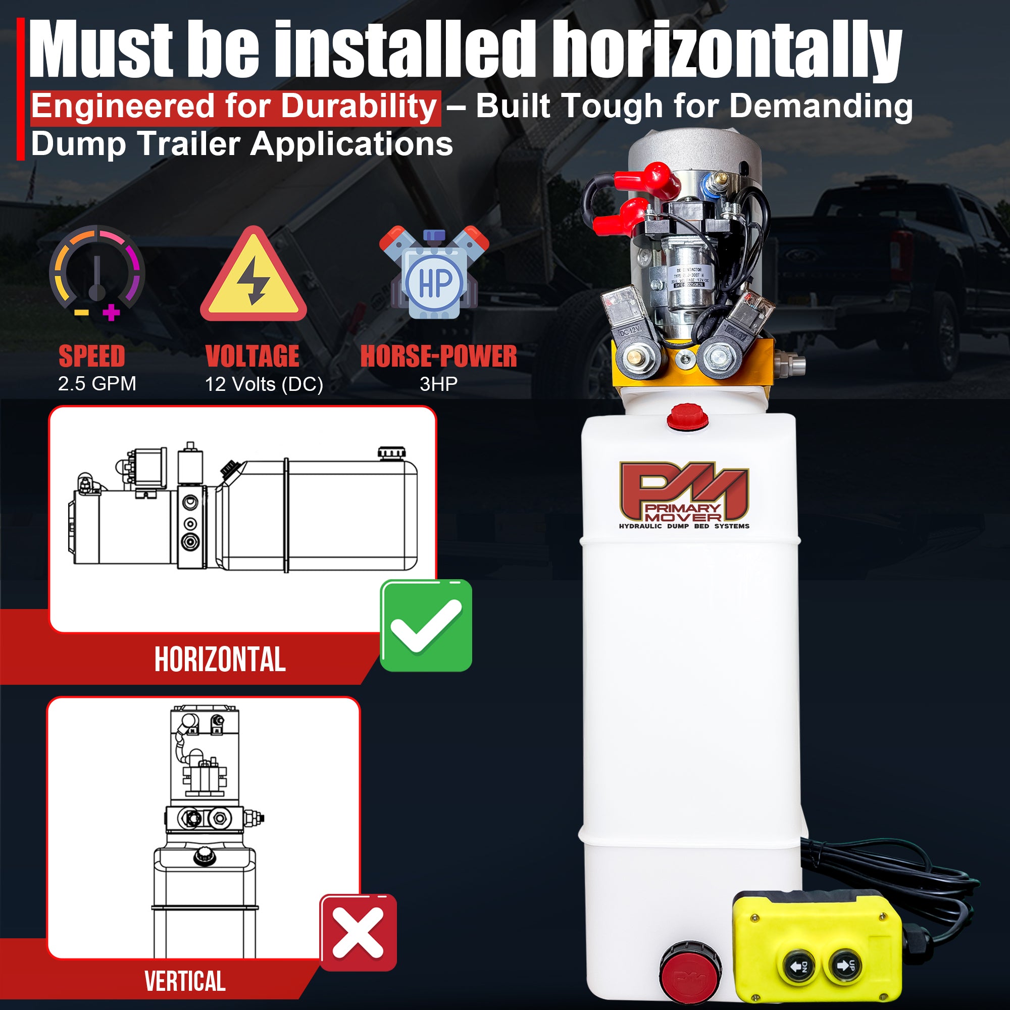 **Title:** Primary Mover 12V Hydraulic Power Unit with Poly Tank

**Meta Description:** Discover the Primary Mover 12V Double-Acting Hydraulic Power Unit, featuring a 3 HP motor, horizontal mount, and 15-foot remote pendant for versatile trailer applications.

12V hydraulic power unit with motor, solenoids, reservoir, and remote; key specs: 2.5 GPM, 3 HP. Installation: Horizontal only, shown with line drawings.
