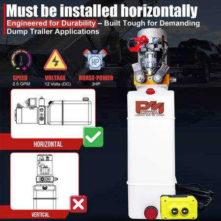 **Title:** Primary Mover 12V Hydraulic Power Unit with Poly Tank

**Meta Description:** Discover the Primary Mover 12V Double-Acting Hydraulic Power Unit, featuring a 3 HP motor, horizontal mount, and 15-foot remote pendant for versatile trailer applications.

12V hydraulic power unit with motor, solenoids, reservoir, and remote; key specs: 2.5 GPM, 3 HP. Installation: Horizontal only, shown with line drawings.