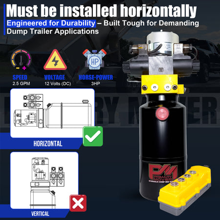 Primary Mover 12V Dual Double-Acting Hydraulic Dump Trailer Pump (Steel), compact unit enabling simultaneous four-action hydraulic operations for dump trailers and trucks, shown with robust construction.