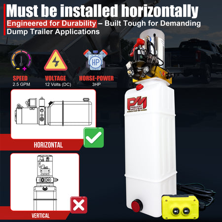 Primary Mover 12V Double-Acting Hydraulic Pump with Poly Reservoir, featuring a white container with red text and a dual-acting precision design for hydraulic dump systems.
