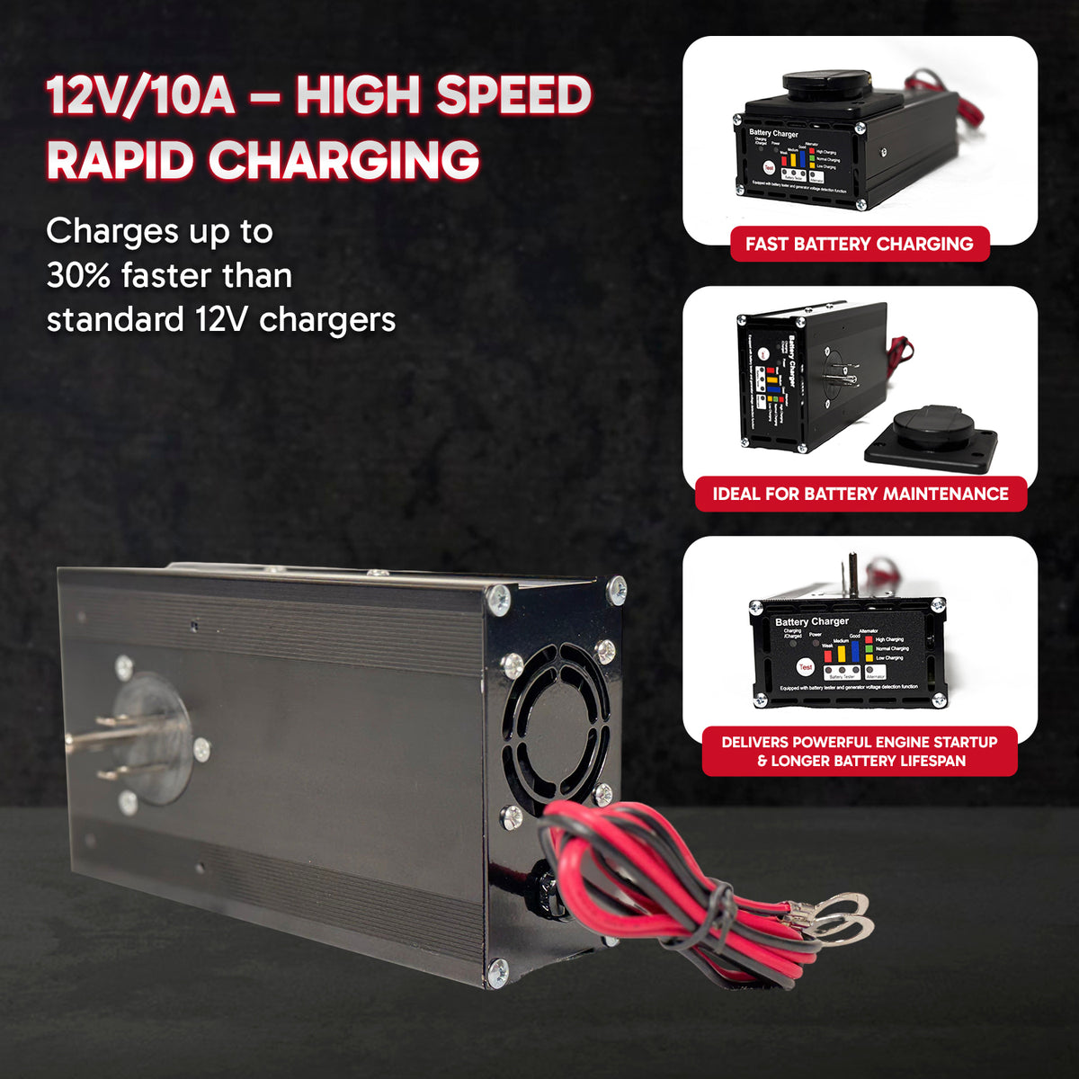 **Title:** Panel Mount Battery Charger & Tester - 10 Amp | PM1210T-D

**Alt Text:** Compact black anodized 12V, 10A battery charger with cooling fan, red/black leads, status-LED panel, supporting rapid charge and battery testing.

**Meta Description:** Discover the PM1210T-D 10 Amp battery charger, featuring rapid charging, a cooling fan, and status-LED panel for efficient 12V lead-acid battery maintenance.