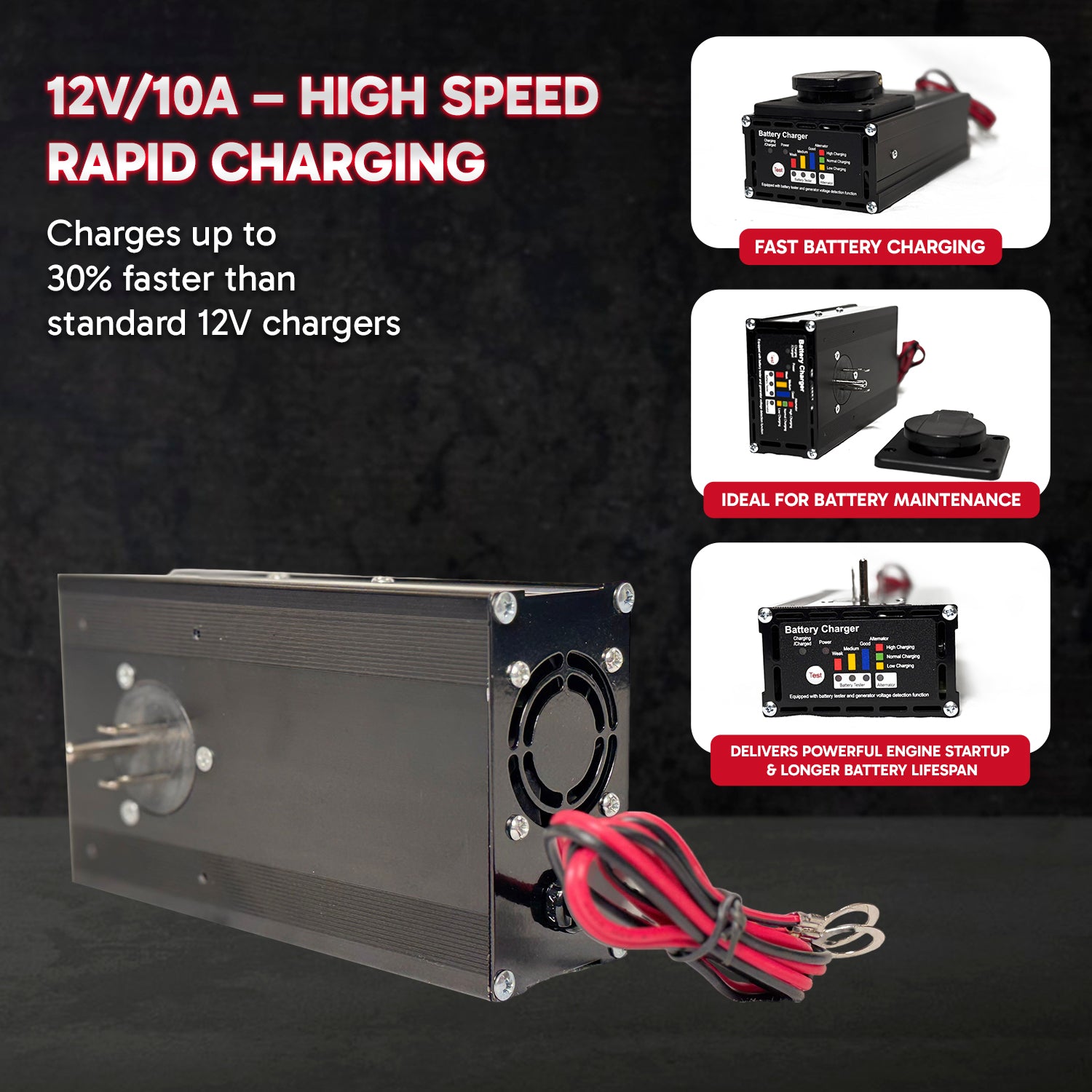**Title:** Panel Mount Battery Charger & Tester - 10 Amp | PM1210T-D

**Alt Text:** Compact black anodized 12V, 10A battery charger with cooling fan, red/black leads, status-LED panel, supporting rapid charge and battery testing.

**Meta Description:** Discover the PM1210T-D 10 Amp battery charger, featuring rapid charging, a cooling fan, and status-LED panel for efficient 12V lead-acid battery maintenance.