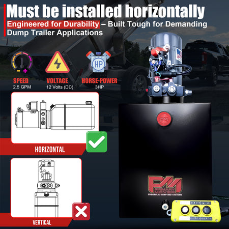 KTI 12V Double-Acting Hydraulic Pump with steel reservoir, featuring dual-action functionality and rugged construction for efficient hydraulic dump bed operation, shown with logo and safety sign.