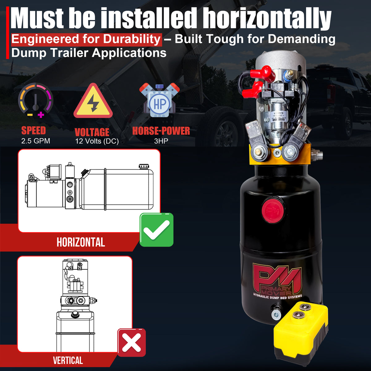 **Title:** Primary Mover 12V Hydraulic Power Unit – 3 HP Motor

**Meta Description:** Discover the robust Primary Mover 12V Hydraulic Power Unit with a 3 HP motor, engineered for demanding dump trailer applications.

Hydraulic power unit with cylindrical reservoir, 12V DC motor, solenoid, and pendant control, shown in horizontal installation with performance specs icons above.