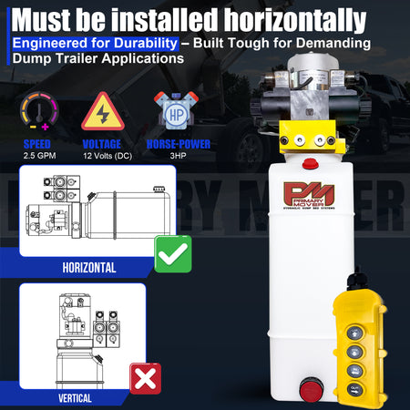 Primary Mover 12V Dual Double-Acting Hydraulic Dump Trailer Pump is compact, engineered for versatile hydraulic actions in dump trailers and trucks, ensuring robust, efficient performance.