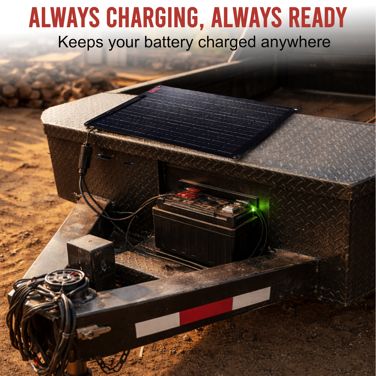 **Title:** 25 Watt Solar Battery Maintainer for Trailers

**Meta Description:** Efficiently maintain and recover dump trailer batteries with our 25 Watt Solar Battery Maintainer, designed for 12V hydraulic systems and harsh conditions.

**Alt Text:** Portable solar panel on trailer toolbox charging a 12V battery, LED indicator shows active charging.