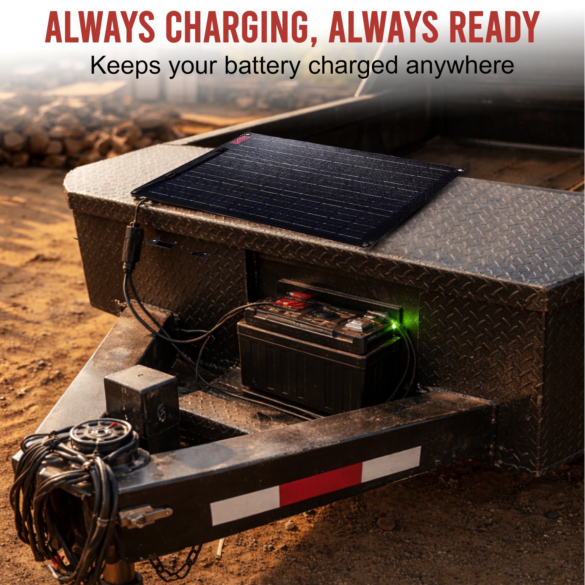 **Title:** 25 Watt Solar Battery Maintainer for Trailers

**Meta Description:** Efficiently maintain and recover dump trailer batteries with our 25 Watt Solar Battery Maintainer, designed for 12V hydraulic systems and harsh conditions.

**Alt Text:** Portable solar panel on trailer toolbox charging a 12V battery, LED indicator shows active charging.