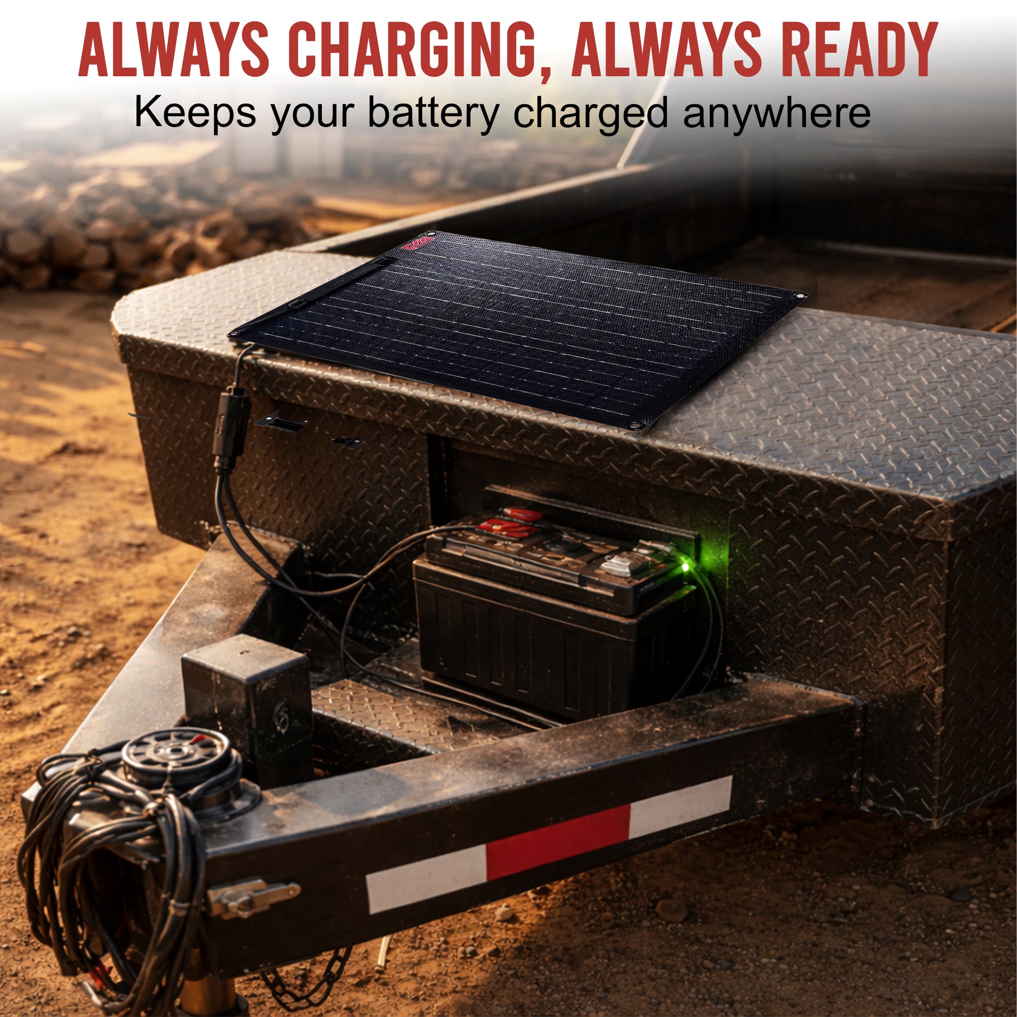 **Title:** 18 Watt Solar Battery Maintainer for Trailers

**Meta Description:** Keep your trailer battery charged with the 18W solar maintainer. Prevents parasitic draw and extends battery life for dump trailers and 12V systems.

**Alt Text:** Portable solar charger with an 18W fold-out panel on a trailer toolbox, charging a 12V battery.