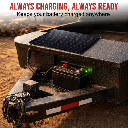 **Title:** 18 Watt Solar Battery Maintainer for Trailers

**Meta Description:** Keep your trailer battery charged with the 18W solar maintainer. Prevents parasitic draw and extends battery life for dump trailers and 12V systems.

**Alt Text:** Portable solar charger with an 18W fold-out panel on a trailer toolbox, charging a 12V battery.