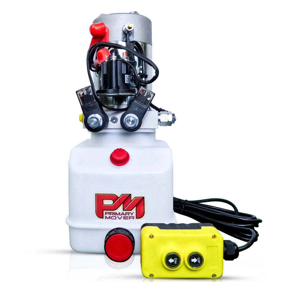 Primary Mover 12V Double-Acting Hydraulic Pump - Precision crafted with dual-acting functionality for hydraulic dump bed systems. Includes hand-held pendant and warranty.