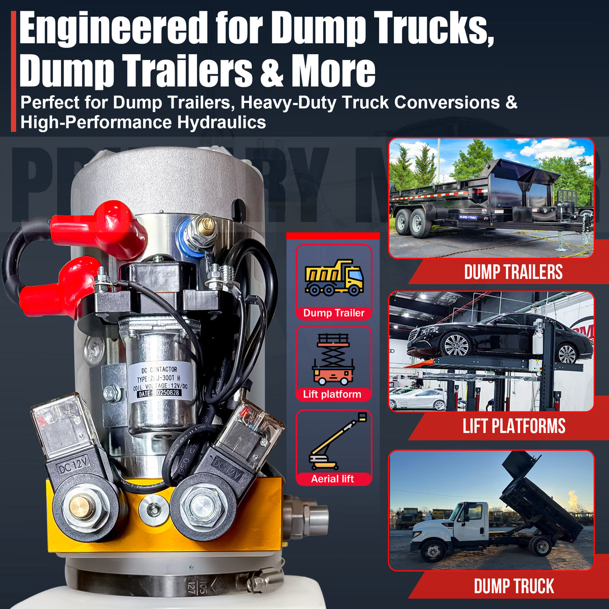 **Title:** Primary Mover 12V Hydraulic Power Unit - Poly Tanks, 3 HP Motor

**Meta Description:** Discover the Primary Mover 12V Hydraulic Power Unit with a 3 HP motor, perfect for dump trailers and lift platforms, featuring bi-directional hydraulic control.

**Alt Text:** Close-up of the Primary Mover 12V Double-Acting Hydraulic Power Unit showcasing the solenoid block, motor, and electrical leads, designed for dump trailers and heavy-duty use.