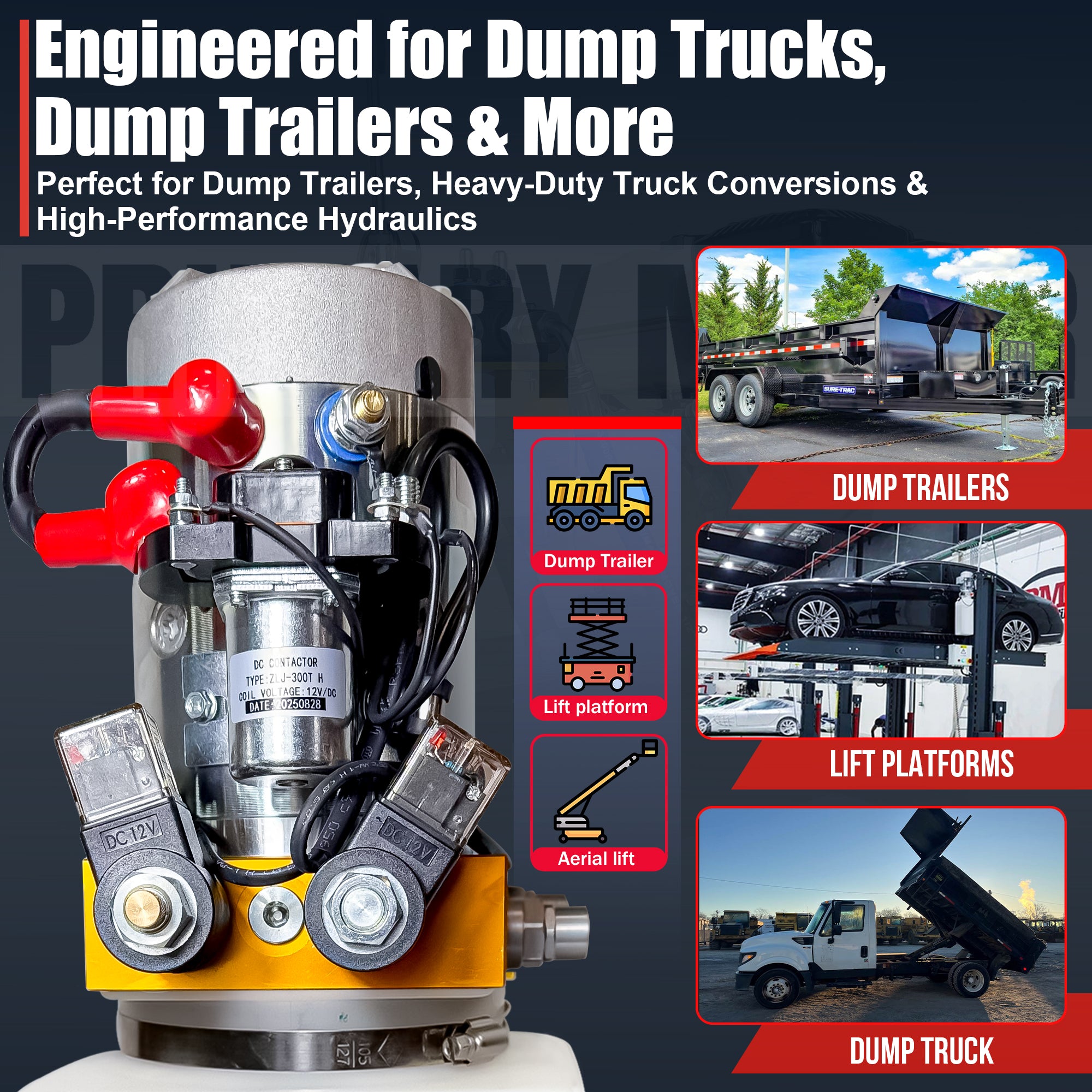 **Title:** Primary Mover 12V Hydraulic Power Unit - Poly Tanks, 3 HP Motor

**Meta Description:** Discover the Primary Mover 12V Hydraulic Power Unit with a 3 HP motor, perfect for dump trailers and lift platforms, featuring bi-directional hydraulic control.

**Alt Text:** Close-up of the Primary Mover 12V Double-Acting Hydraulic Power Unit showcasing the solenoid block, motor, and electrical leads, designed for dump trailers and heavy-duty use.