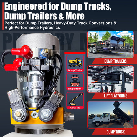 **Title:** Primary Mover 12V Hydraulic Power Unit - Poly Tanks, 3 HP Motor

**Meta Description:** Discover the Primary Mover 12V Hydraulic Power Unit with a 3 HP motor, perfect for dump trailers and lift platforms, featuring bi-directional hydraulic control.

**Alt Text:** Close-up of the Primary Mover 12V Double-Acting Hydraulic Power Unit showcasing the solenoid block, motor, and electrical leads, designed for dump trailers and heavy-duty use.