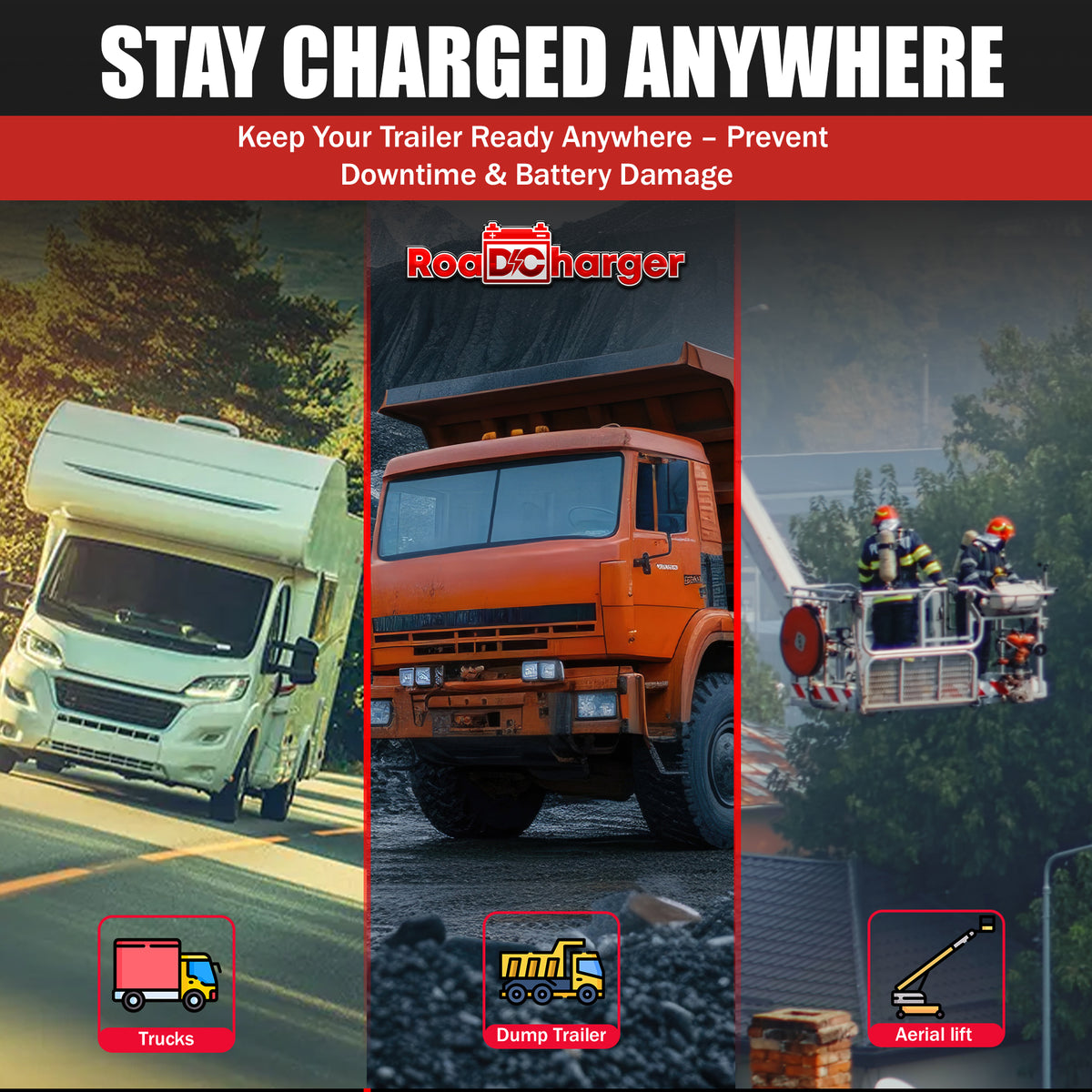 **Title:** RoaDCharger Auxiliary Battery Charger with 7-Way Connector - 20 Amp | RC20-DW-7W

**Meta Description:** Discover the RoaDCharger, a smart charging solution with a 7-Way Connector and solar panel, ideal for keeping your trailer battery charged on the go.

**Alt Text:** RoaDCharger graphic showing motorhome, dump truck, aerial lift.