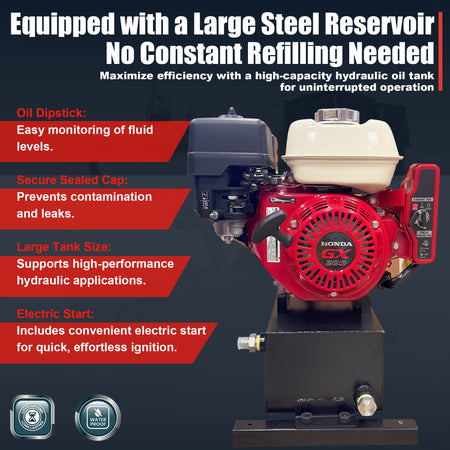 Gasoline-powered hydraulic unit with Honda GX200, large steel tank, electric start, dipstick, sealed cap. Enhanced performance for demanding hydraulic applications.