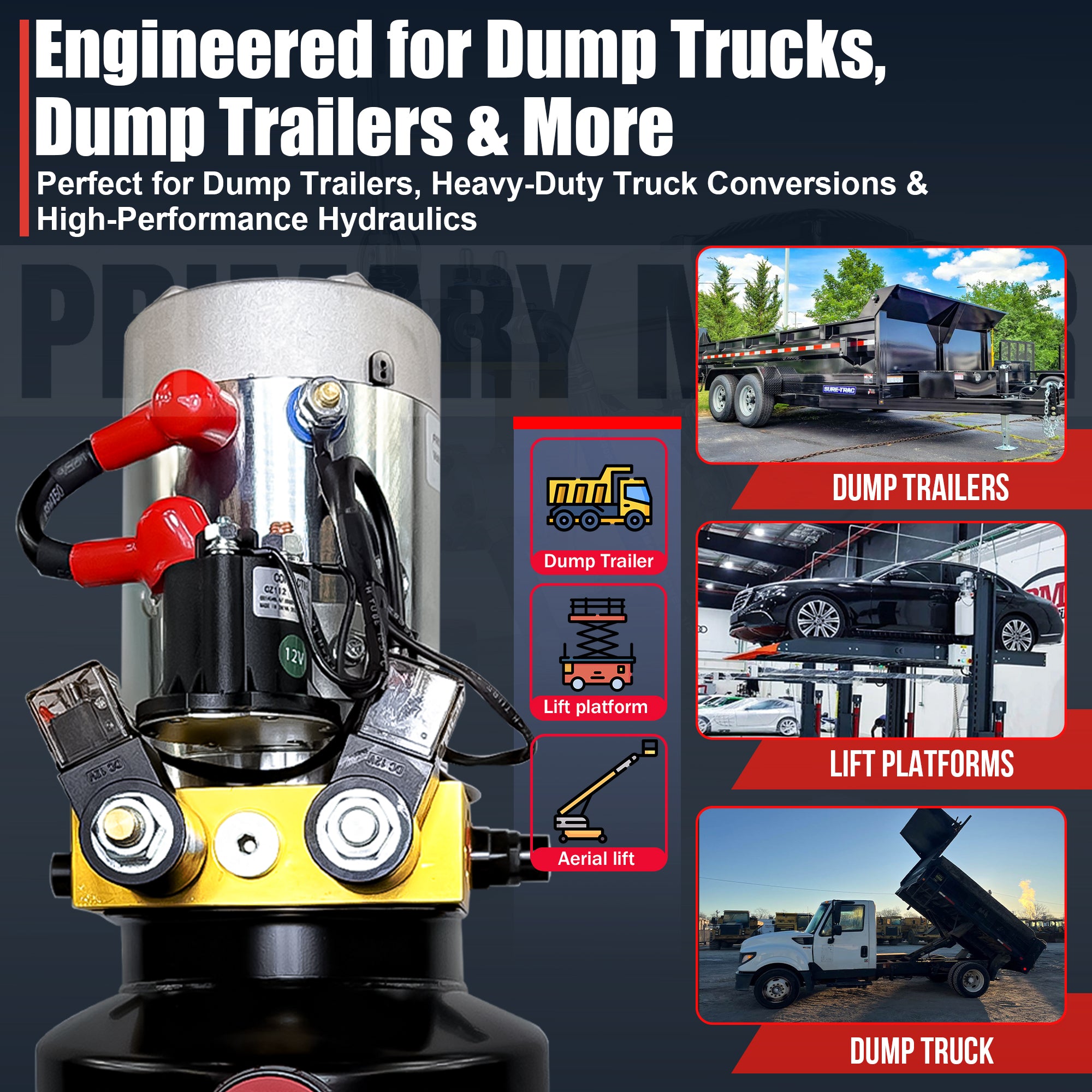 Primary Mover 12V Double-Acting Hydraulic Pump with steel reservoir, designed for hydraulic dump systems. Features dual-acting precision, ensuring efficient lift and descent operations.