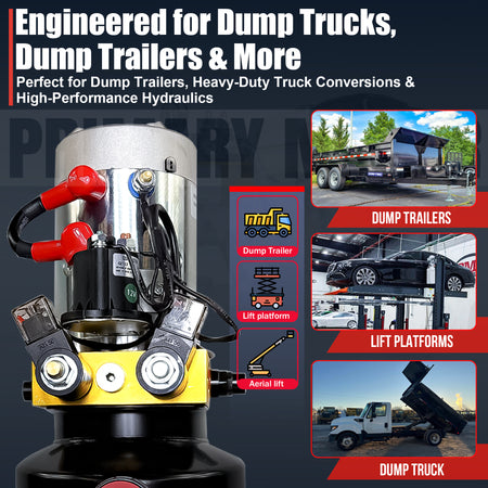 Primary Mover 12V Double-Acting Hydraulic Pump with steel reservoir, designed for hydraulic dump systems. Features dual-acting precision, ensuring efficient lift and descent operations.