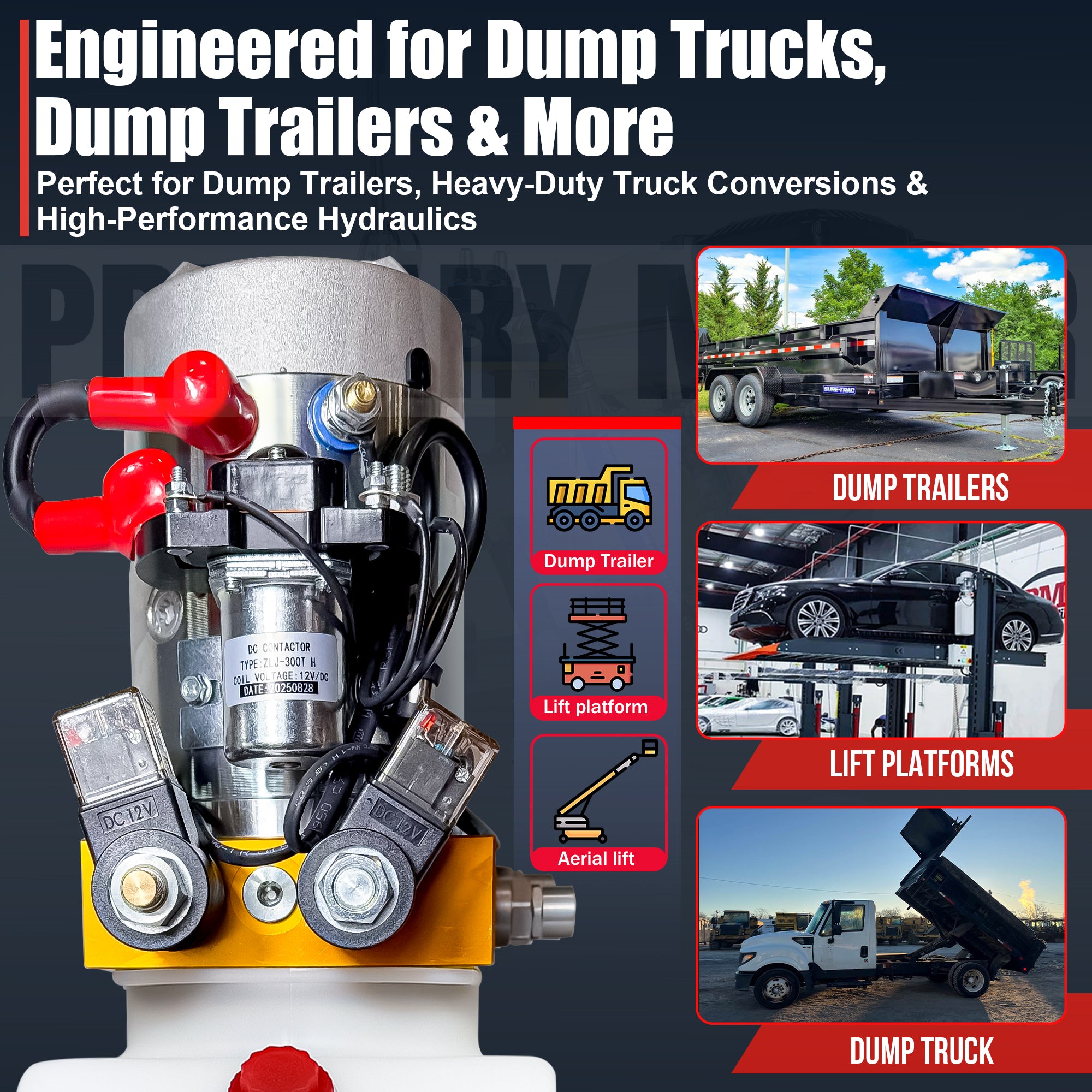 Title: Primary Mover 12V Hydraulic Power Unit – 3 HP, Poly Tank

Alt Text: Promo poster of the Primary Mover 12V Double-Acting Hydraulic Power Unit with poly tank, showcasing its use in dump trailers and lift platforms.

Meta Description: Discover the Primary Mover 12V Hydraulic Power Unit with a 3 HP motor, ideal for dump trailers and lift platforms, offering powerful hydraulic control.