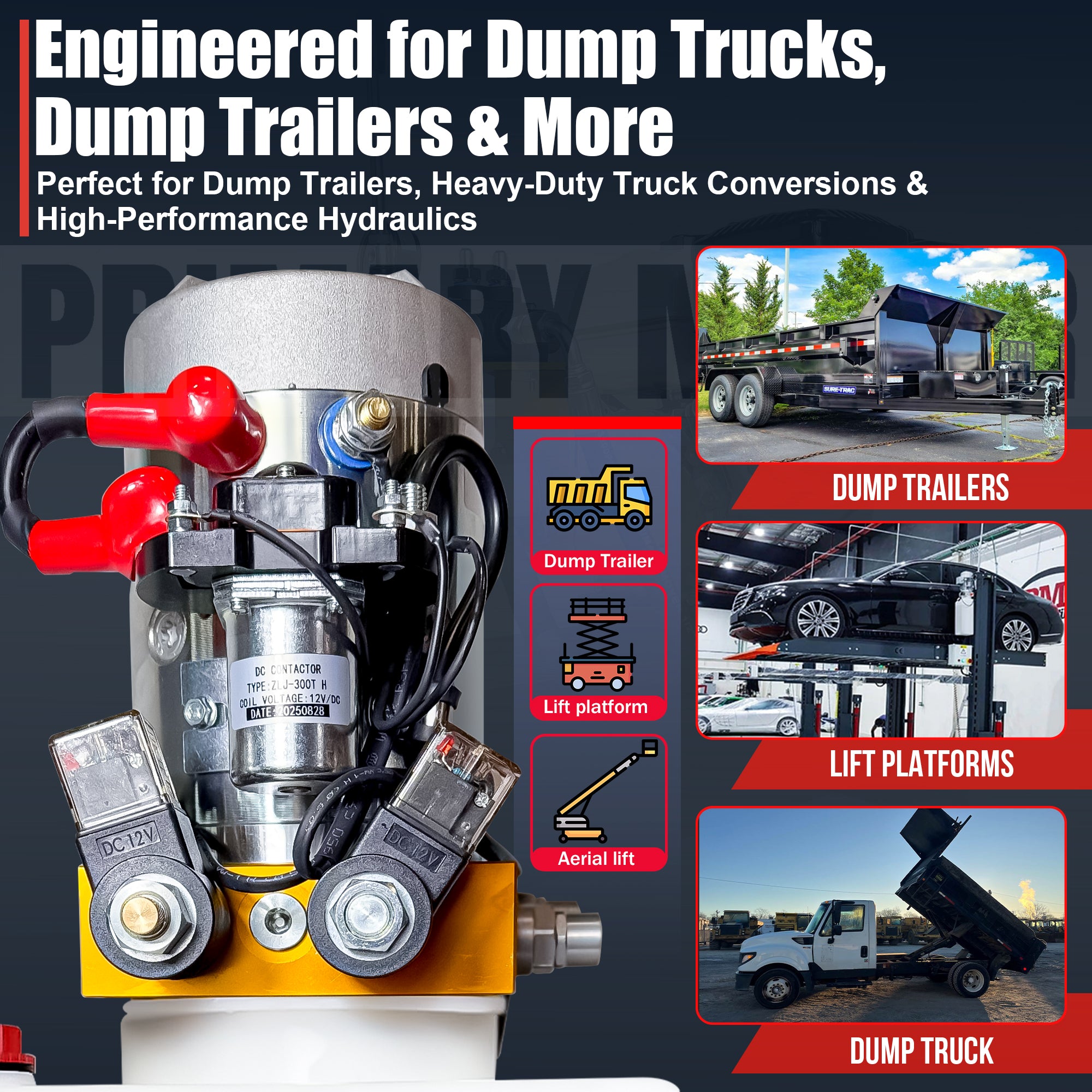 **Title:** Primary Mover 12V Hydraulic Power Unit  

**Alt Text:** Hydraulic power unit with pump assembly, suitable for dump trucks and trailers, highlighting applications like lift platforms and aerial lifts.  

**Meta Description:** Discover the Primary Mover 12V Hydraulic Power Unit, engineered for dump trucks and trailers, featuring a 3 HP motor and bi-directional hydraulic control.