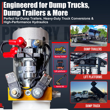 **Title:** Primary Mover 12V Hydraulic Power Unit  

**Alt Text:** Hydraulic power unit with pump assembly, suitable for dump trucks and trailers, highlighting applications like lift platforms and aerial lifts.  

**Meta Description:** Discover the Primary Mover 12V Hydraulic Power Unit, engineered for dump trucks and trailers, featuring a 3 HP motor and bi-directional hydraulic control.