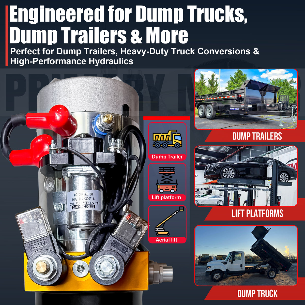 Primary Mover 12V Double-Acting Hydraulic Power Unit

Hydraulic power unit with 3 HP motor, solenoid valves, and DC contactor; ideal for dump trailers and heavy-duty truck conversions.