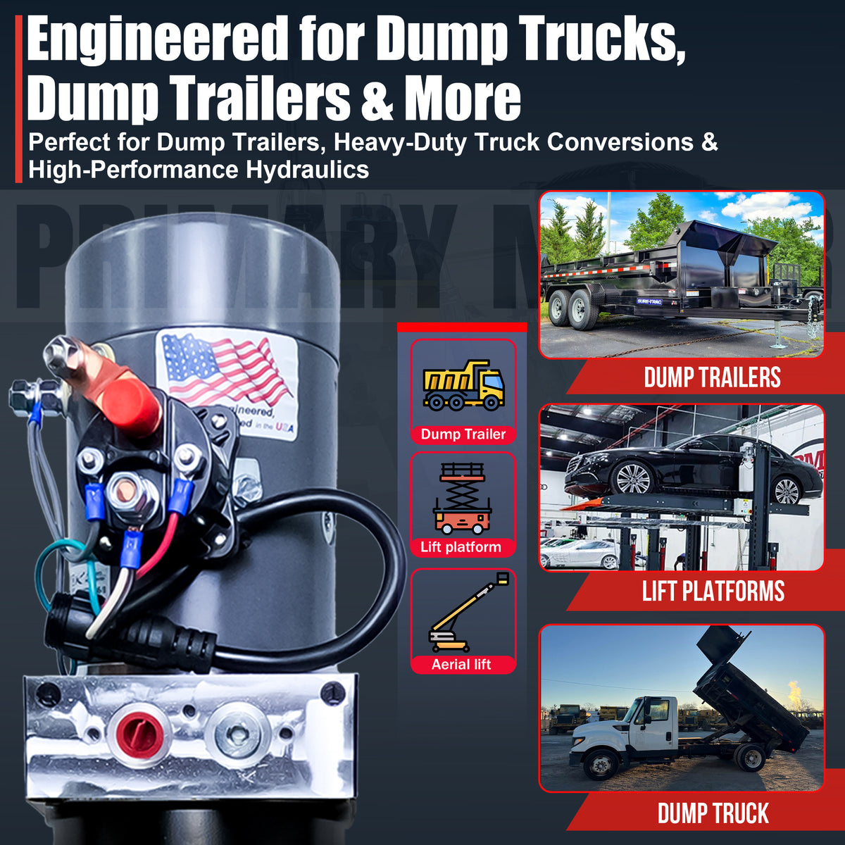 KTI 12V Single-Acting Hydraulic Pump with Steel Reservoir, featuring a compact design and durable construction, ideal for efficient hydraulic dump bed systems.