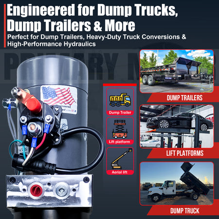 KTI 12V Single-Acting Hydraulic Pump with Steel Reservoir, featuring a compact design and durable construction, ideal for efficient hydraulic dump bed systems.