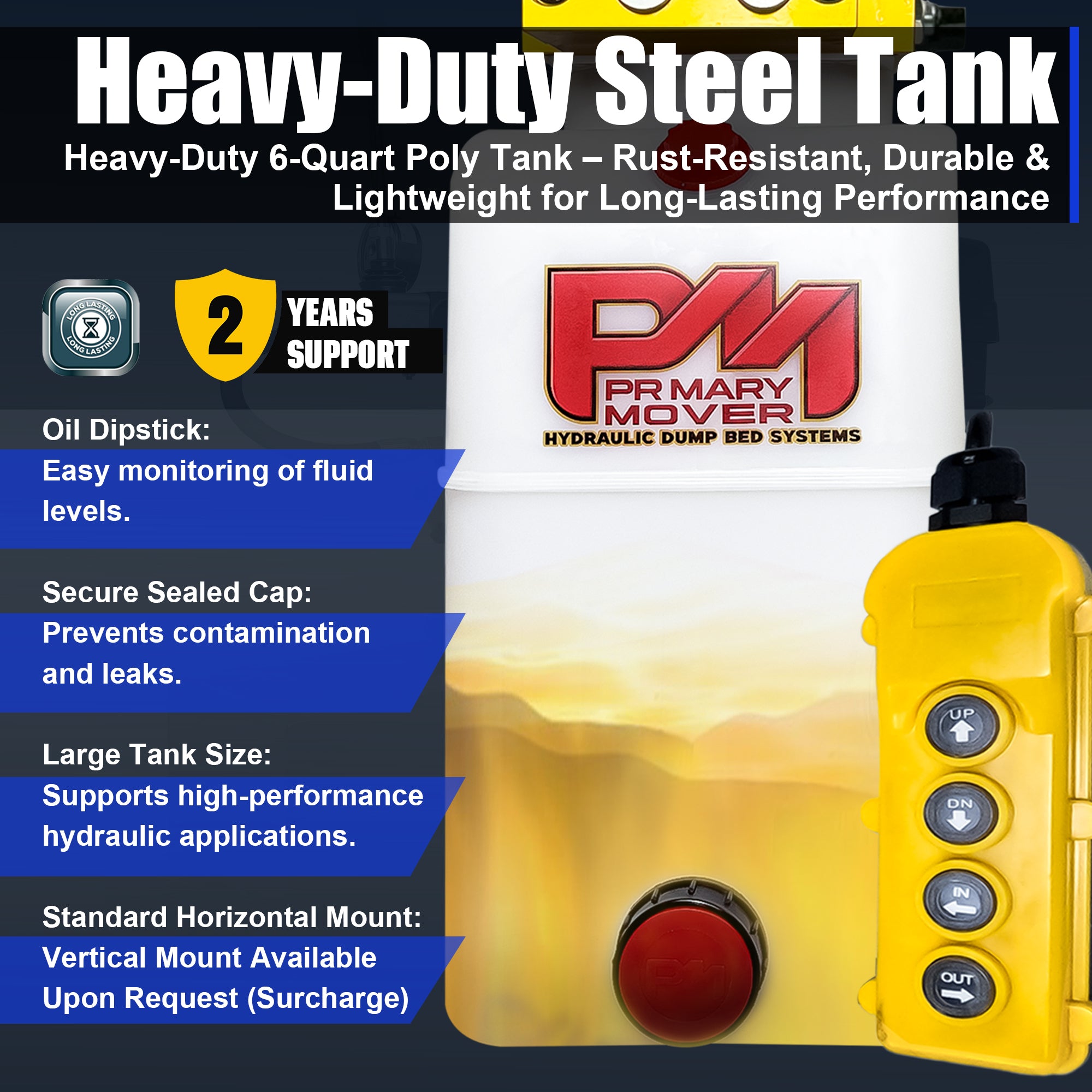 Primary Mover 12V Dual Double-Acting Hydraulic Dump Trailer Pump (Poly) with compact design, robust construction, and user-friendly controls for efficient hydraulic power in trailers and trucks.