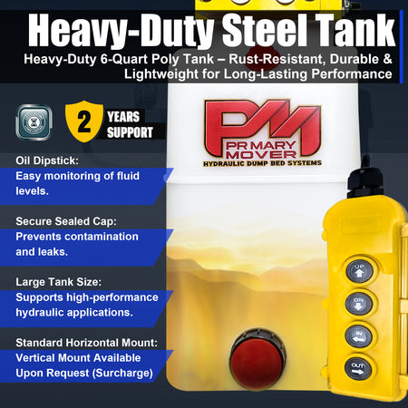 Primary Mover 12V Dual Double-Acting Hydraulic Dump Trailer Pump (Poly) with compact design, robust construction, and user-friendly controls for efficient hydraulic power in trailers and trucks.