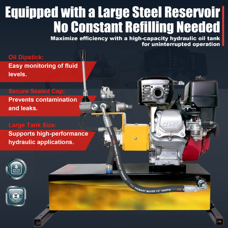Primary Mover Double-Acting Gasoline Powered Hydraulic Pump | PF-GPU-5G, featuring a Honda GX200 engine with visible red and black components, integrated pressure gauge, and control valve.