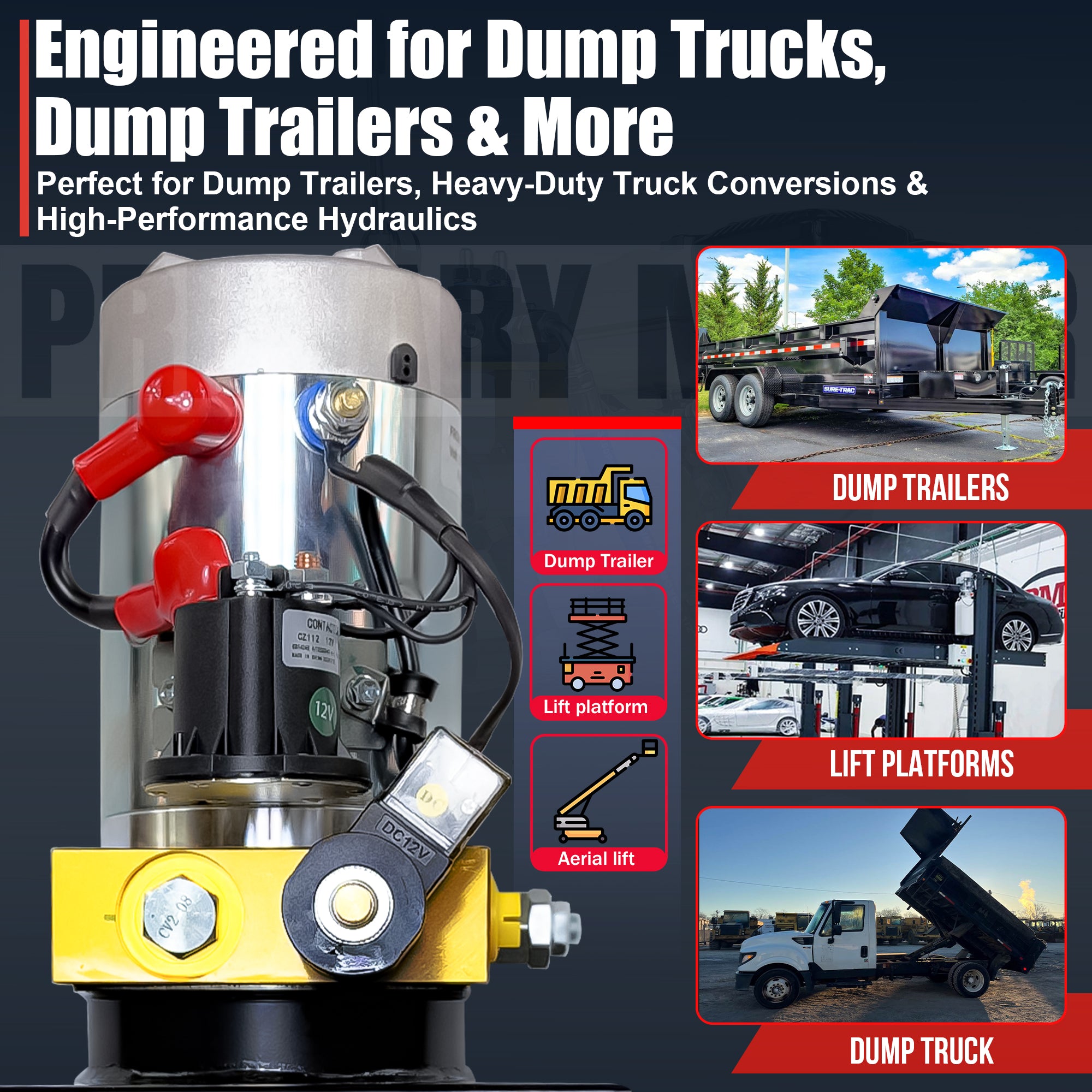 Close-up of Primary Mover 12V Single-Acting Hydraulic Pump with Steel Reservoir, showcasing its robust design for efficient power-up/gravity-down hydraulic applications.