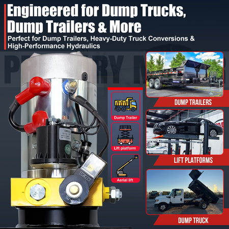 Close-up of Primary Mover 12V Single-Acting Hydraulic Pump with Steel Reservoir, showcasing its robust design for efficient power-up/gravity-down hydraulic applications.