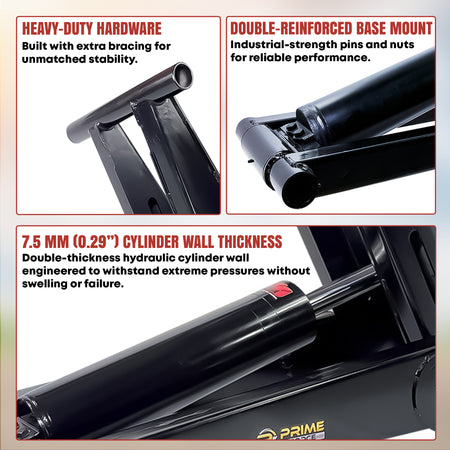 Three labeled images of black metal hydraulic components showing hardware, base mount, and cylinder wall thickness.