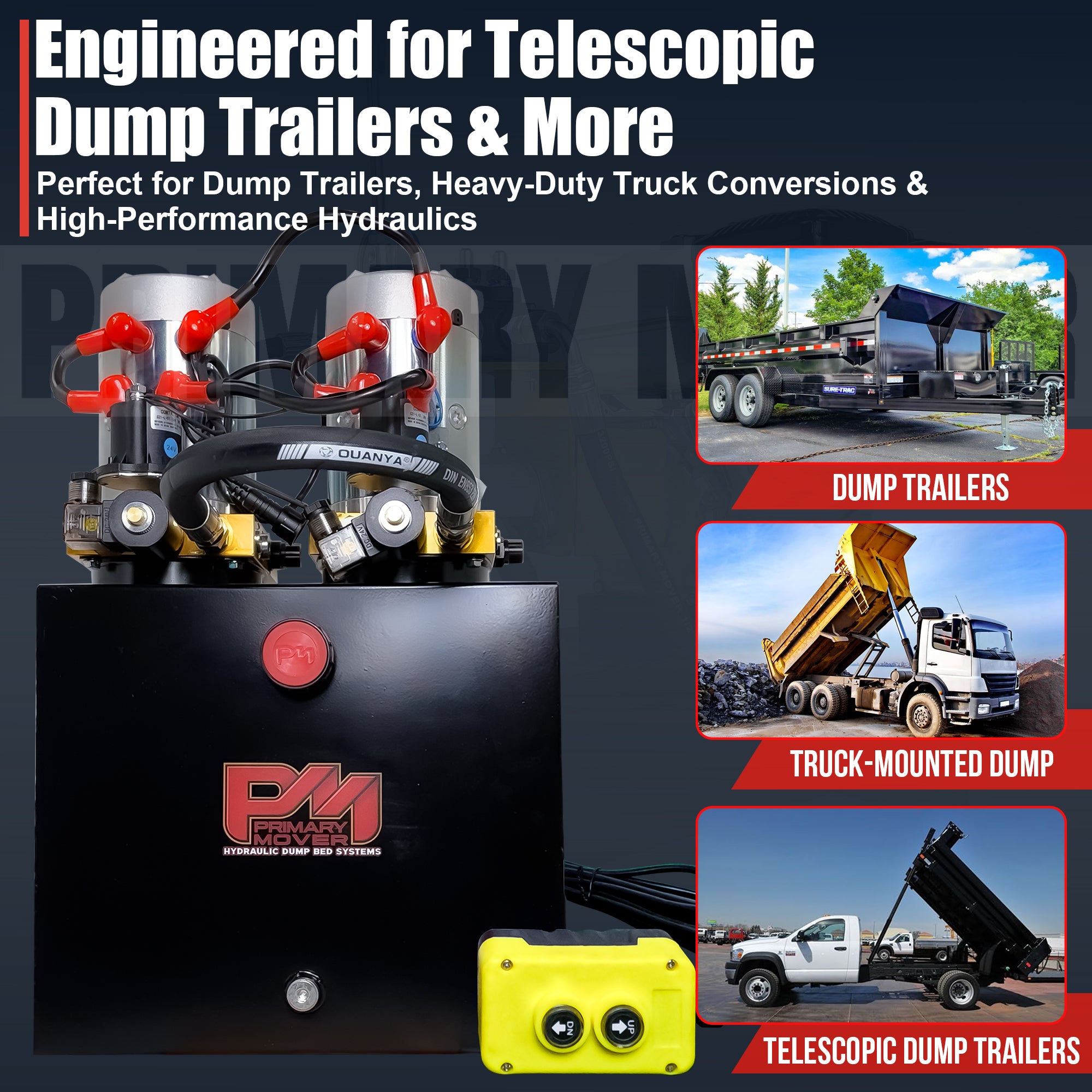 Primary Mover 24VDC Twin Engine High-Performance Hydraulic Power Unit, featuring twin motors and steel tank, designed for telescopic dump systems.