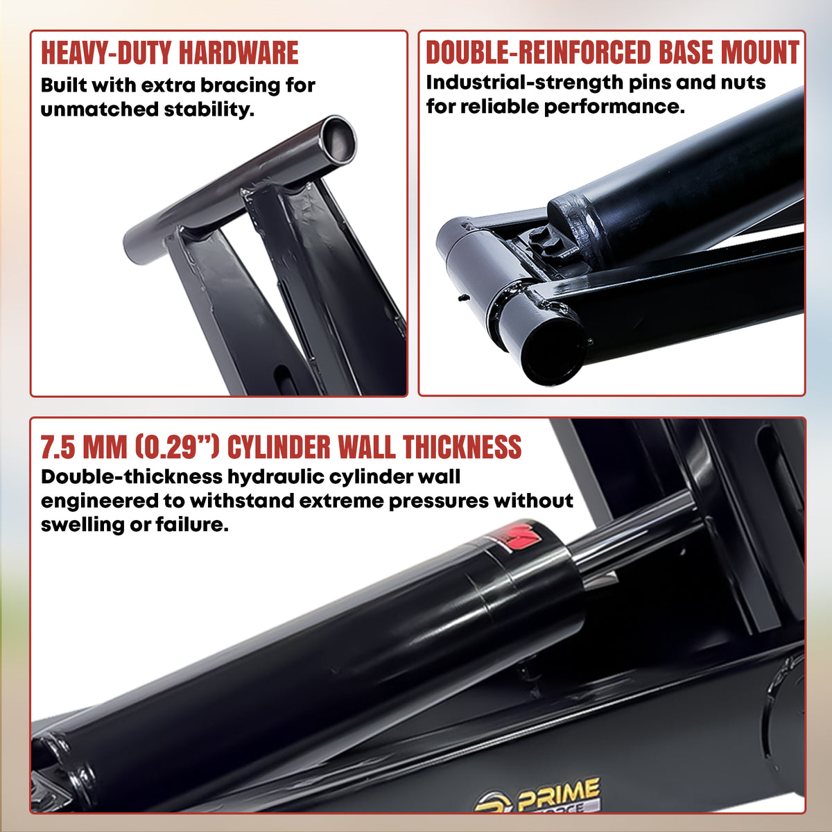 Three close-up images of black steel hydraulic equipment showing the frame, base mount, and cylinder wall thickness with descriptive text.
