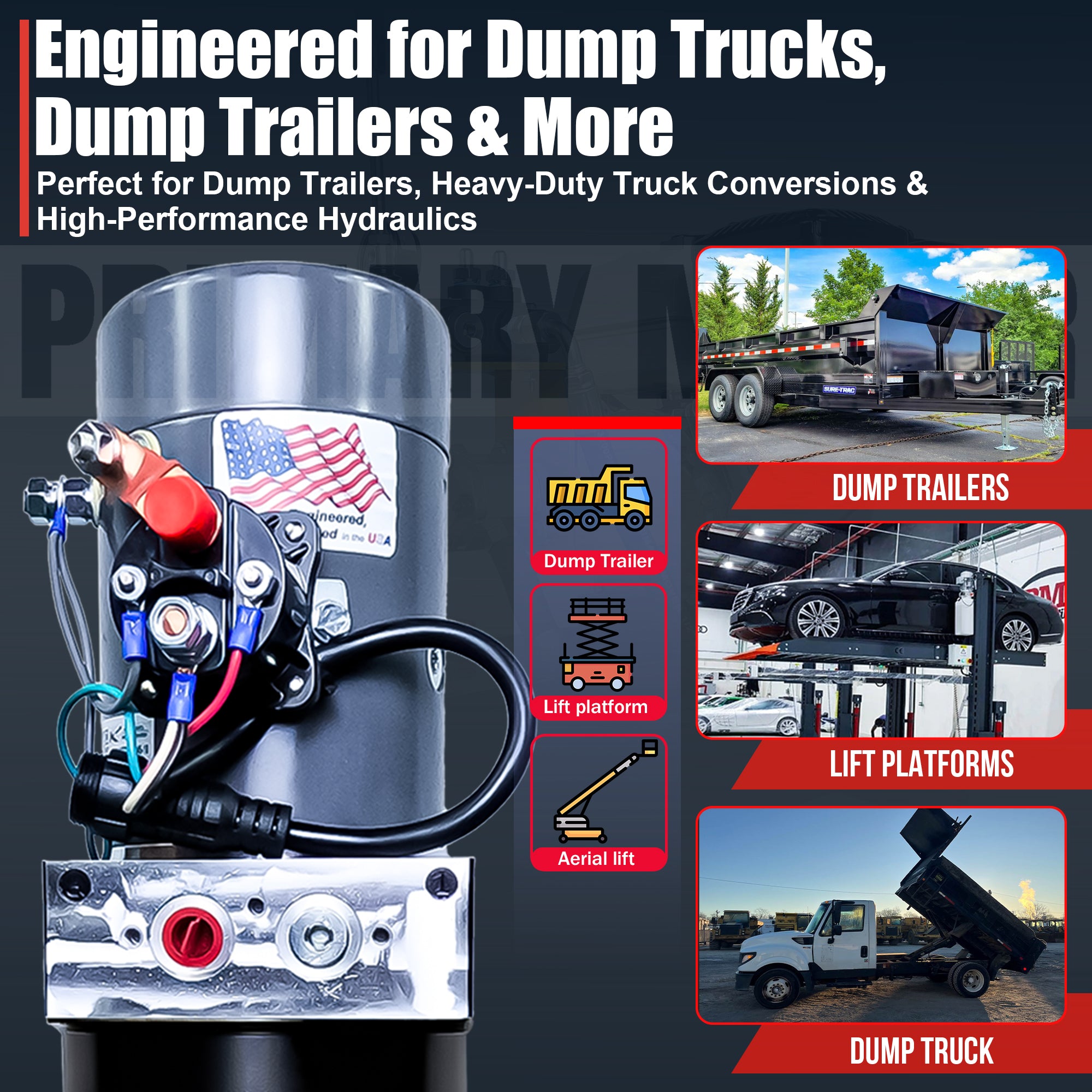 KTI 12V Single-Acting Hydraulic Pump with a steel reservoir, featuring a close-up of its compact, efficient design for hydraulic dump bed systems.
