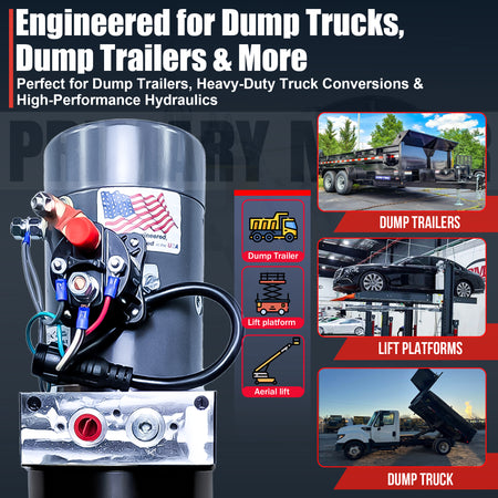 KTI 12V Single-Acting Hydraulic Pump with a steel reservoir, featuring a close-up of its compact, efficient design for hydraulic dump bed systems.