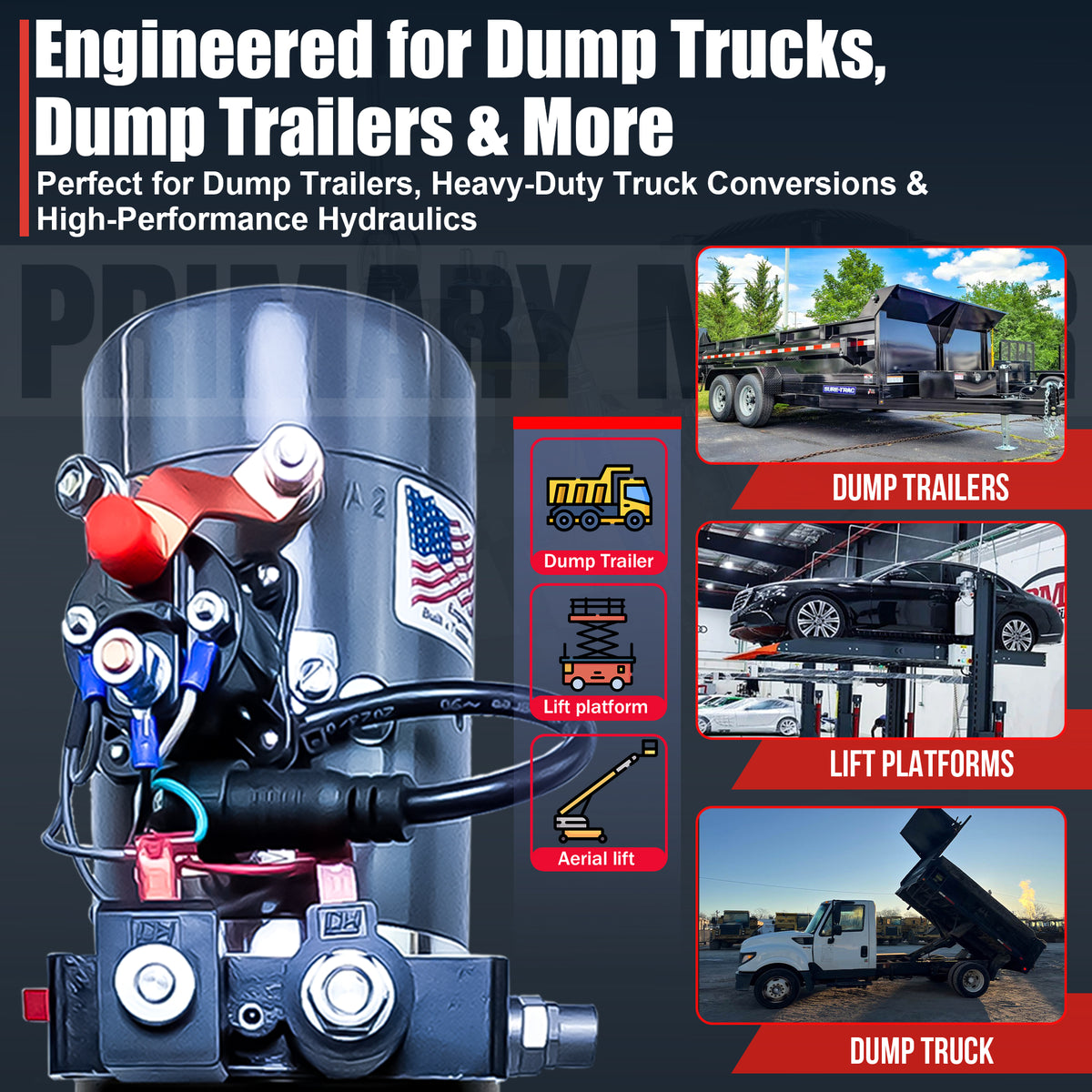 KTI 12V Double-Acting Hydraulic Pump with Steel Reservoir, showcasing a compact design, dual-action functionality, and durable build for efficient hydraulic dump bed operation.