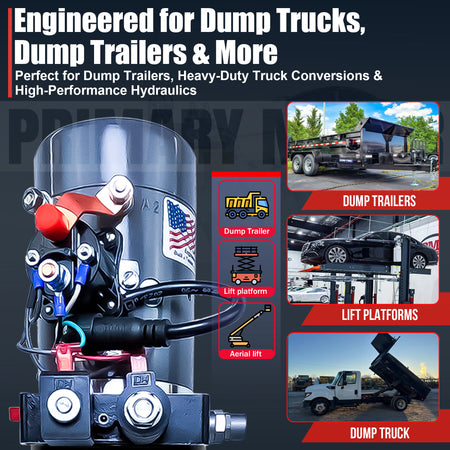 KTI 12V Double-Acting Hydraulic Pump with Steel Reservoir, showcasing a compact design, dual-action functionality, and durable build for efficient hydraulic dump bed operation.