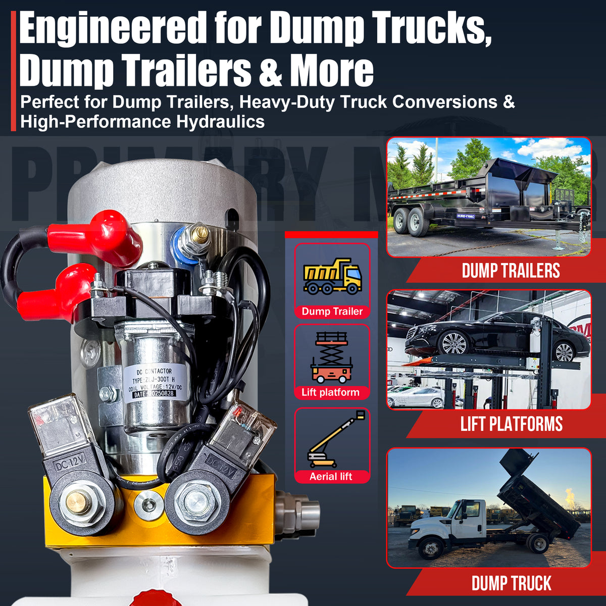 **Title:** Primary Mover 12V Double-Acting Hydraulic Power Unit – 3 HP Motor

**Meta Description:** Discover the Primary Mover 12V Power Unit, engineered for dump trailers and trucks, featuring a 3HP motor, bi-directional control, and durable poly tank.

**Alt Text:** Close-up of Primary Mover 12V Hydraulic Power Unit, showcasing solenoid assembly and typical applications like dump trucks and trailers.