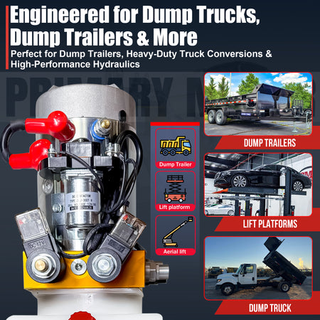 **Title:** Primary Mover 12V Double-Acting Hydraulic Power Unit – 3 HP Motor

**Meta Description:** Discover the Primary Mover 12V Power Unit, engineered for dump trailers and trucks, featuring a 3HP motor, bi-directional control, and durable poly tank.

**Alt Text:** Close-up of Primary Mover 12V Hydraulic Power Unit, showcasing solenoid assembly and typical applications like dump trucks and trailers.
