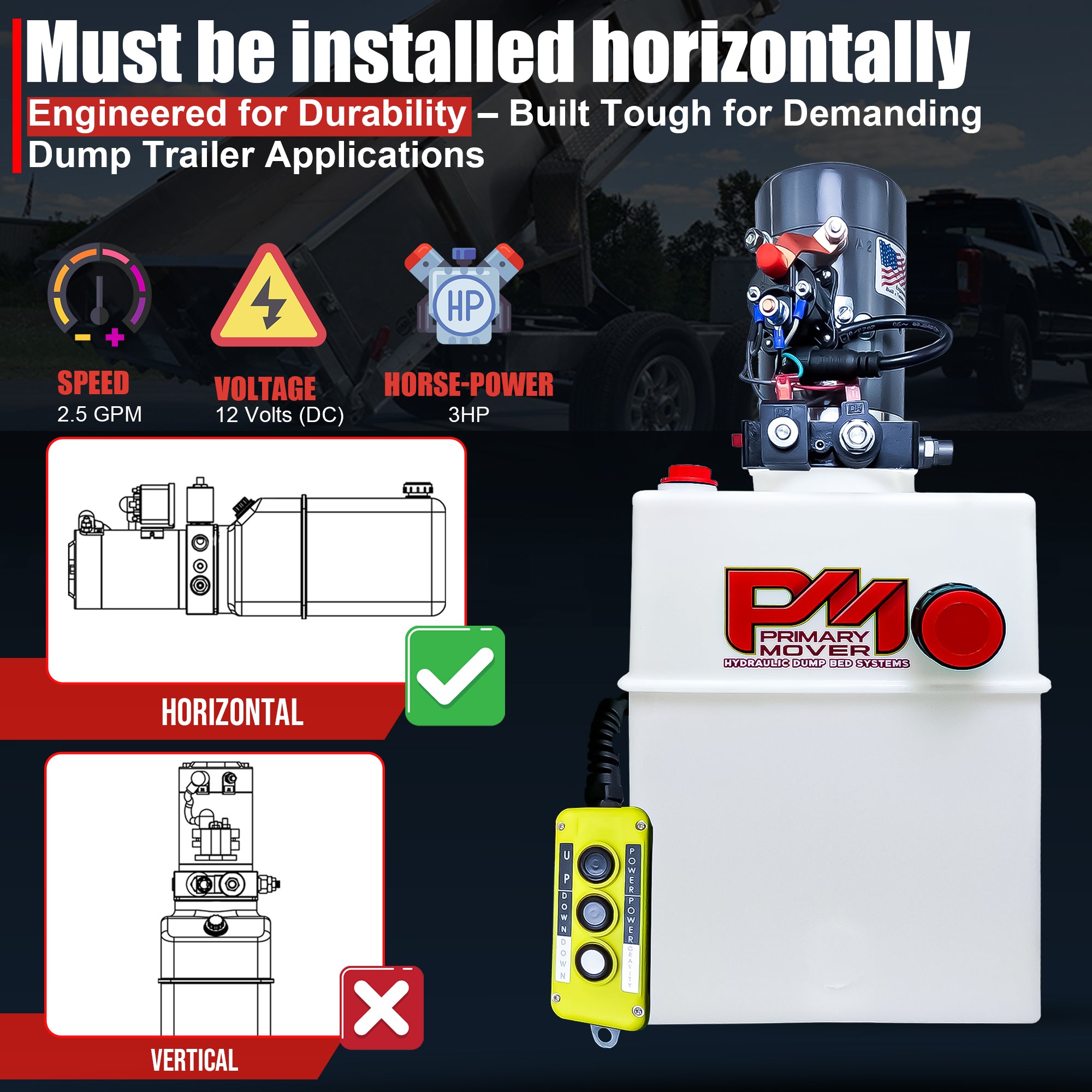 **Title:** KTI 12V Double-Acting Hydraulic Pump - Poly Reservoir

**Alt text:** KTI 12V hydraulic pump with poly reservoir, engineered for horizontal install in dump trailers, featuring a remote control and durable design for heavy-duty use.

**Meta Description:** Discover the KTI 12V Double-Acting Hydraulic Pump with a poly reservoir, designed for horizontal installation in dump trailers. Reliable, durable, and efficient for heavy-duty applications.
