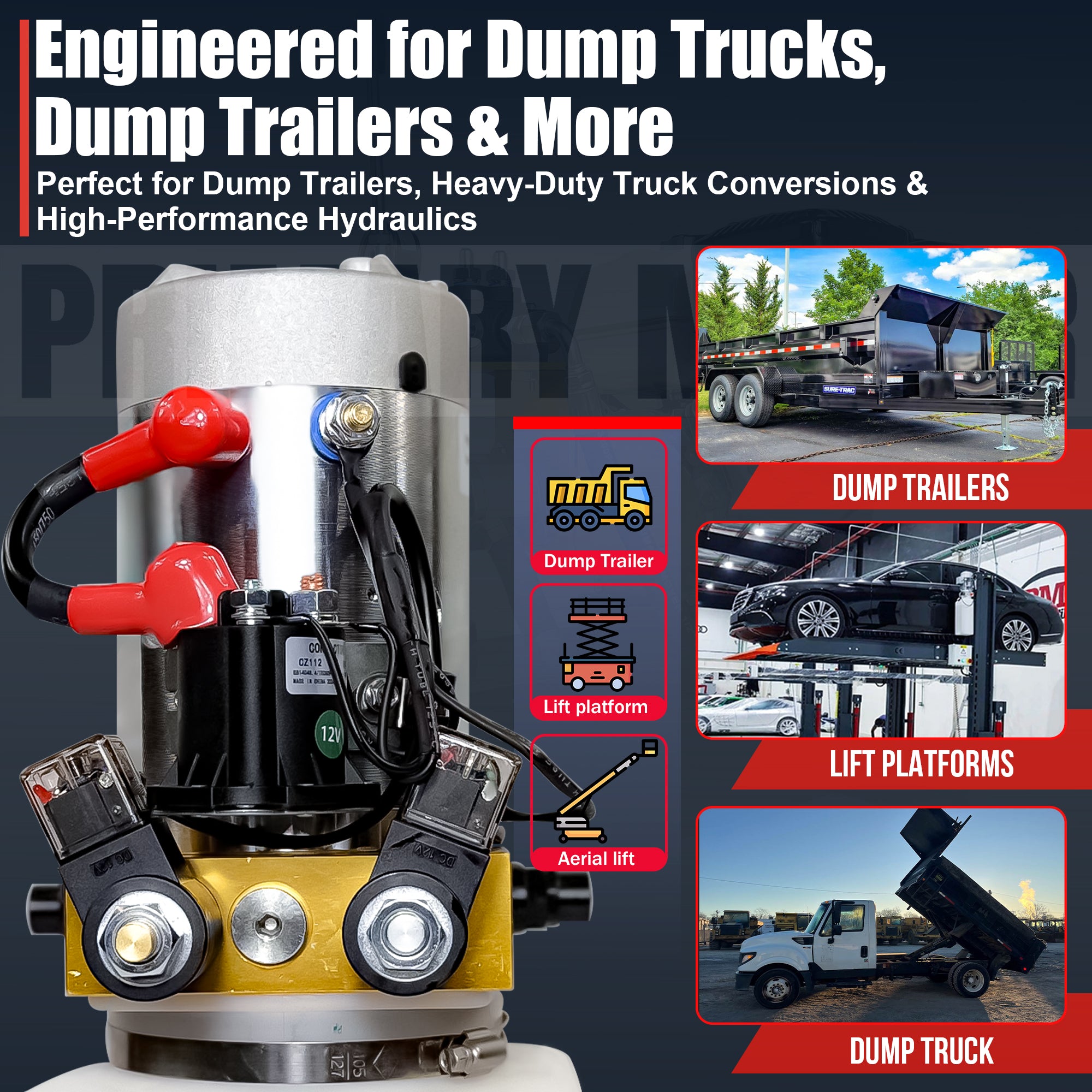 Primary Mover 12V Double-Acting Hydraulic Pump - Poly Reservoir, showcasing a close-up of its precision-engineered components, including hoses and fittings, tailored for dump bed systems.