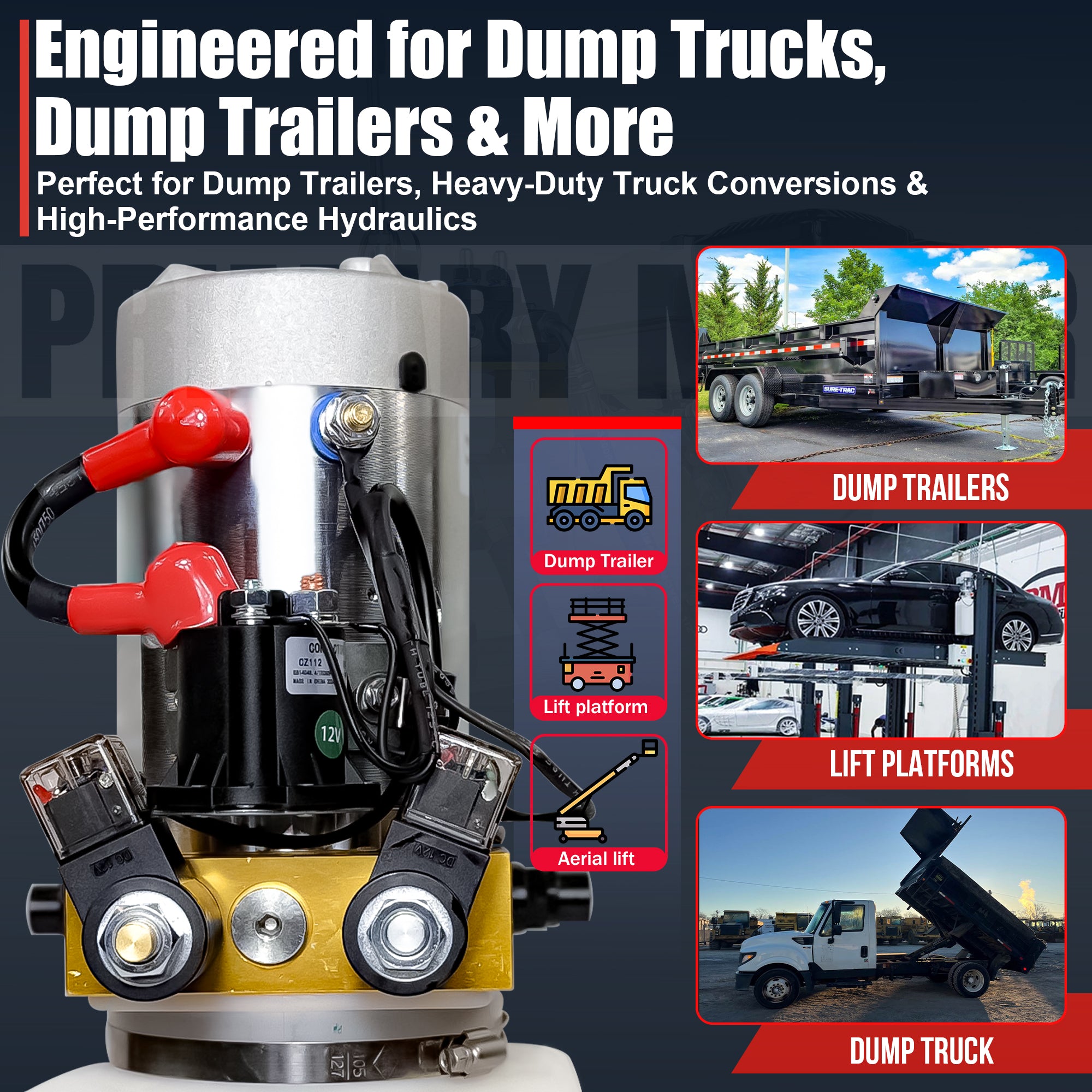 Primary Mover 12V Double-Acting Hydraulic Pump with poly reservoir, featuring visible components like hoses and fittings, optimized for hydraulic dump bed systems.