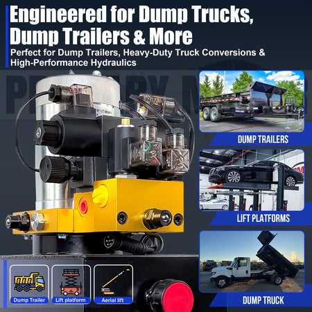 Primary Mover 12Vdc Single Double Pump, close-up of hydraulic machine parts optimized for telescopic dump trailers, showcasing dual circuit power unit for high-flow applications.