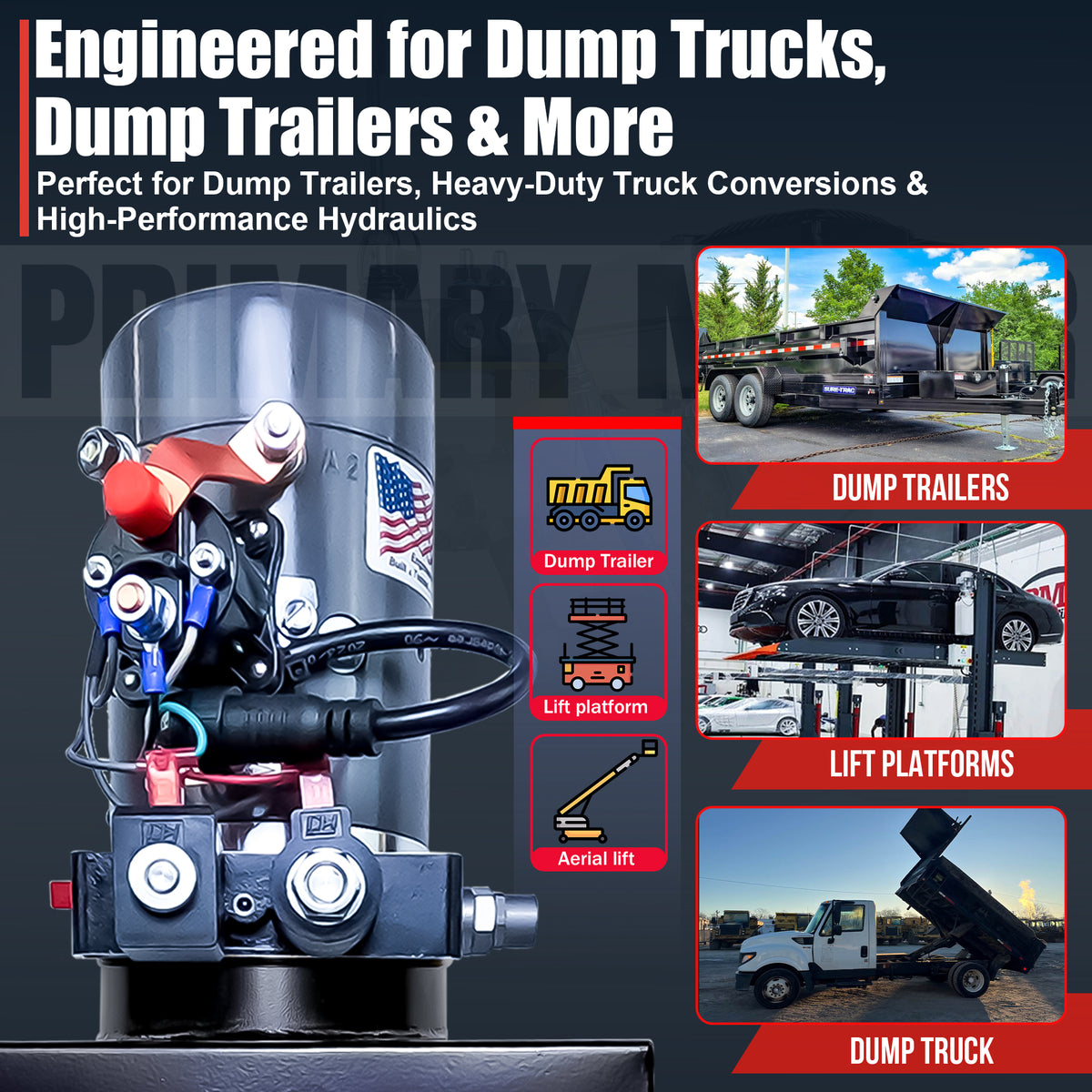 KTI 12V Double-Acting Hydraulic Pump, Steel Reservoir, showcased in use with a black trailer, emphasizing its compact, durable design for efficient hydraulic operations.