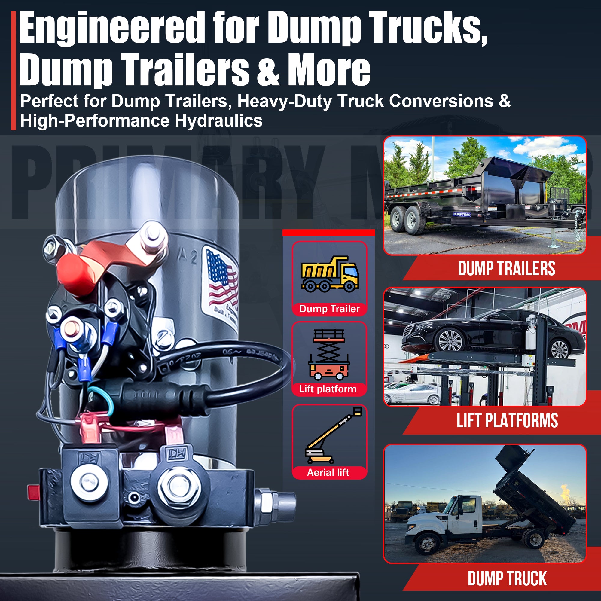 KTI 12V Double-Acting Hydraulic Pump, Steel Reservoir, showcased in use with a black trailer, emphasizing its compact, durable design for efficient hydraulic operations.