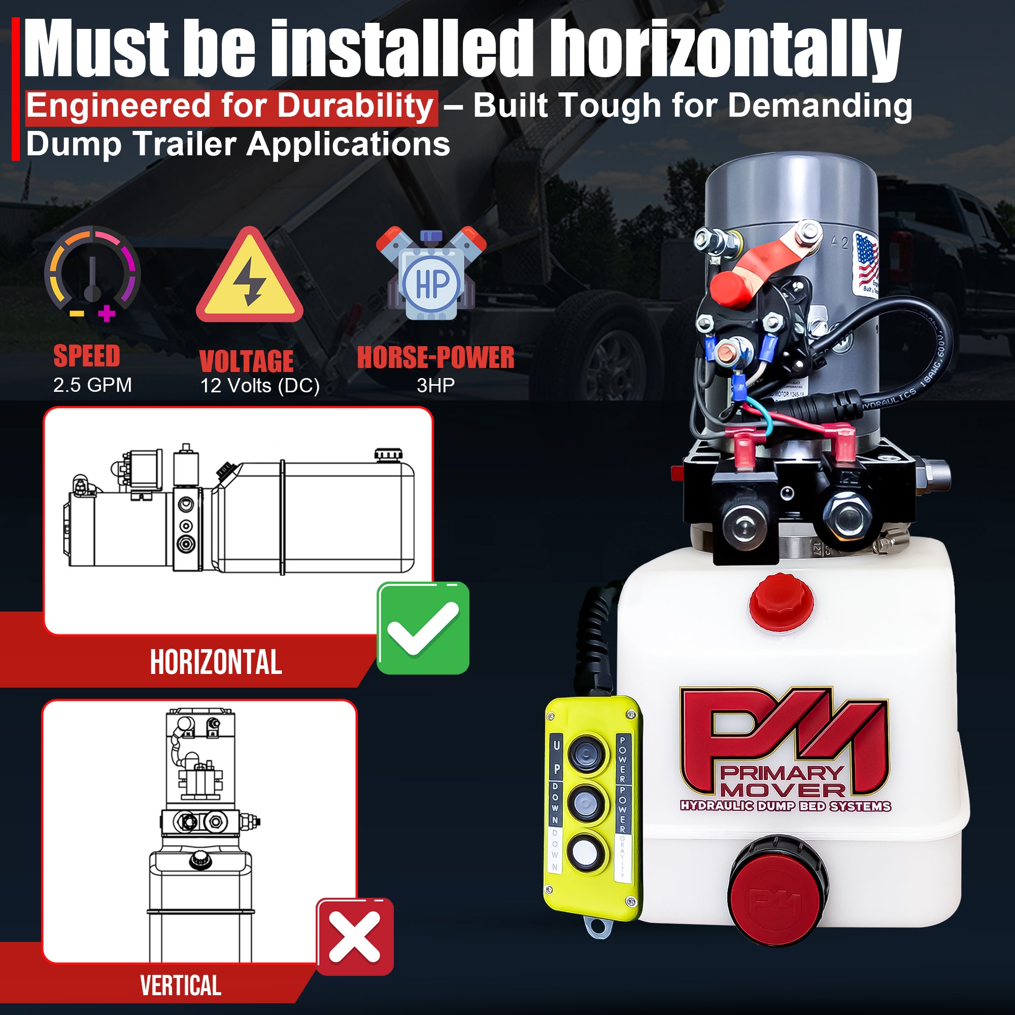 **Title:** KTI 12V Double-Acting Hydraulic Pump - Poly Reservoir

**Meta Description:** Discover the robust KTI 12V Double-Acting Hydraulic Pump with a durable poly reservoir, designed for optimal performance in dump trailer applications.

**Alt Text:** KTI 12V Double-Acting Hydraulic Pump with poly reservoir, horizontal install guide, specs icons, and handheld control for dump trailers.