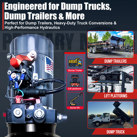 KTI 12V Double-Acting Hydraulic Pump with steel reservoir, shown in close-up, ideal for hydraulic dump beds, featuring compact, robust design for heavy-duty performance.